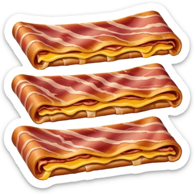 one or two strips of bacon, crispy, curled edges, reddish-brown with golden highlights, visible fat, glossy and appetizing, soft lighting, subtle shadows, no plate, no utensils, no faces, transparent background, emoji scale sticker