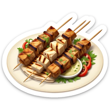 cinematic-realistic-souvlaki-dish-emoji,-showcasing-skewered,-grilled-chicken-with-mediterranean-spices-rendered-with-dynamic-textures-and-warm,-appetizing-lighting on pita bread on a plate sticker