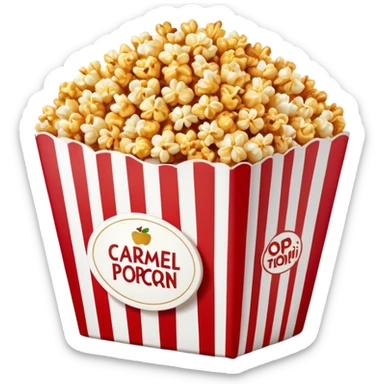 large package of caramel popcorn, red and white vertically striped package with thick stripes, golden brown caramel popcorn visible at the top, no text or labels on package, only stripe pattern, authentic Apple emoji style with glossy finish, prominent package size sticker