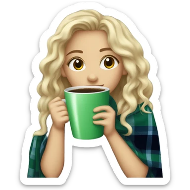 cute dirty blonde girl with green hazel wrapped in dark blue plaid blanket drinking coffeeemoji sticker