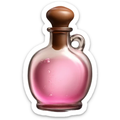Mysterious Alchemical vintage glass potion bottle, exquisite bottle shape, old and shabby, with label, stylish and minimalistic, brown and pink, oil potion is poured out of the bottle, oil is spilled next to it sticker