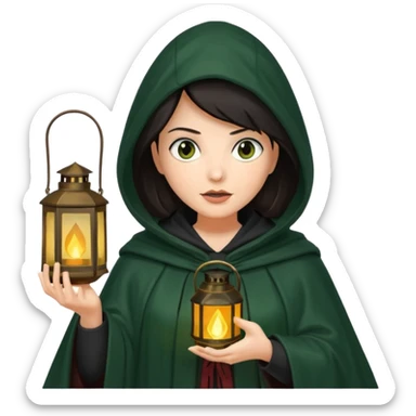 traitor tv show, dark haired woman wearing dark green cloak with hood up who looks evil and is holding up a lantern sticker