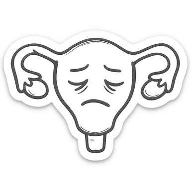 a weary uterus with an expressive tired face, gentle colors, simple icon style sticker