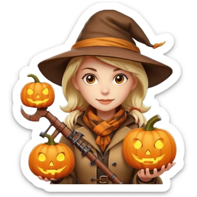 female human monster hunter emoji, wearing brown coat and hat, holding crossbow, soft smile, scarf, glowing pumpkin by her side, Halloween fantasy style, clean vector Apple emoji look, bright colors, white background, square sticker