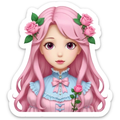 Gorgeous pastel anime lady with long hair and pink victorian style clothes and roses sticker