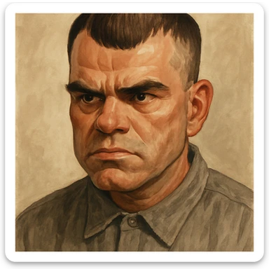stylized character portrait of Carl from Sling Blade, serious expression, recognizable features, neutral background sticker