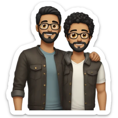 Gay couple of a 32 years old Colombian man with beard and black hair and brown holding hand with a man, 21 years old, NO BEARD, with glasses sticker
