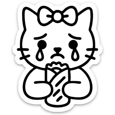 teary-eyed white cat holding a dürüm, pale pink ribbon on head, icon style sticker