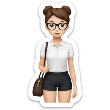 pretty girl white glasses side view white polo black shorts brown hair in a bun, white bag sticker