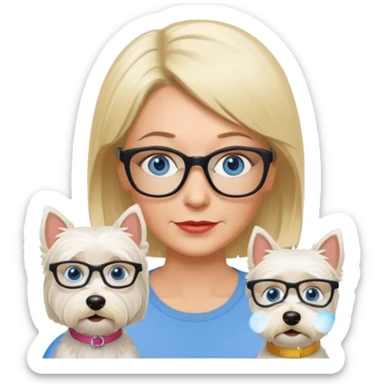 white woman blue eyes glasses middle aged blonde bob funny with westie sticker