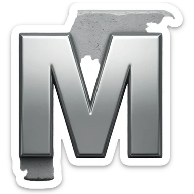 Minimalist 3D emoji based on image_e44ce5.png: massive polished chrome geometric 'M' raised metal relief, integrated central on deeply impressed bare heel in rough grey concrete. Harsh shadows, high contrast sticker