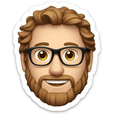 35 year old guy caucasien coming from south of france, brown and curling mid long hair, trend black glasses, smiling, with no moustache and no bear sticker