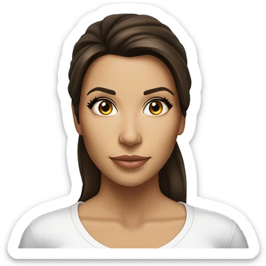 3/4 face, contrasted, shadow, light, Eva Longoria expression, standing, thin nose, brunette woman, hazel eyes, long eyelashes, dark shoulder shaded hair, white t-shirt, jeans, white sneakers sticker