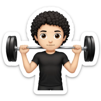 a boy with black curly hair, with black T-shirt is doing barbell training sticker