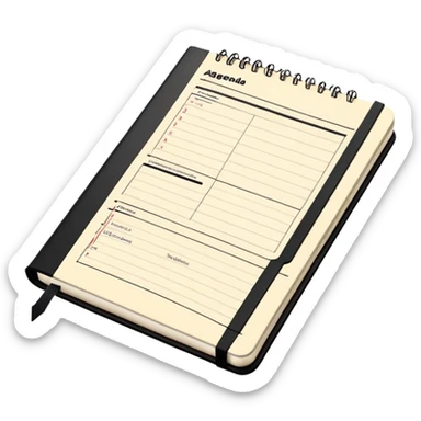 A detailed black Moleskine notebook open flat showing an agenda page with bullet points and a meeting schedule sticker