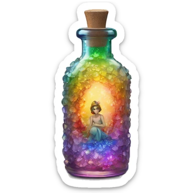 Antique oil bottle made of crystal glass of all delicate colors of the rainbow, a living flower fairy sits at the bottom of the bottle sticker