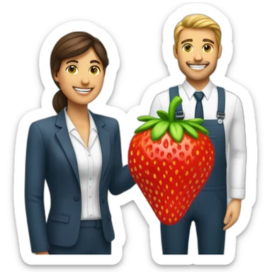 job applicant with recruiter holding a strawberry sticker
