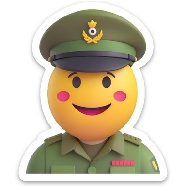 3D smiley emoji, round shape, soldier hat and camouflage uniform, smiling face sticker