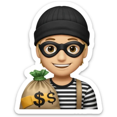 smiley robber wears black eye mask, black beanies and black and white stibes shirt with one brown money bag beside him sticker
