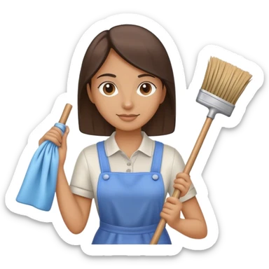 Cleaning supplies, including a broom, mop, and cleaning cloth sticker