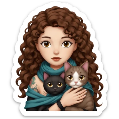 bust woman long curly brown hair brown eyes white skin tattoos with black cat wrapped around shoulders like scarf sticker