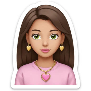 Create a teen girl wearing a light pink sweatshirt. She will have brunette hair, tan skin, pink lips, and grey-green eyes. She has long eyelashes. She is wearing gold stud earrings and a gold necklace with a heart-shaped pendant. sticker