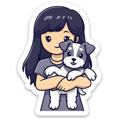 Girl with long black hair and bangs holding a white schnauzer dog sticker