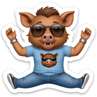 friendly anthropomorphised boar in jeans and a t-shirt, wearing dark sunglasses, stretching pose sticker