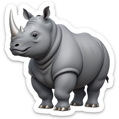 cinematic-rhino-full-body-standing-emoji,slate grey skin -massive-body-poised-powerfully,-thick-horn-curving-slightly-forward,-head-tilted-dramatically,-rough-grey-hide-covered-in-dust,-simplified-focused-features, sticker