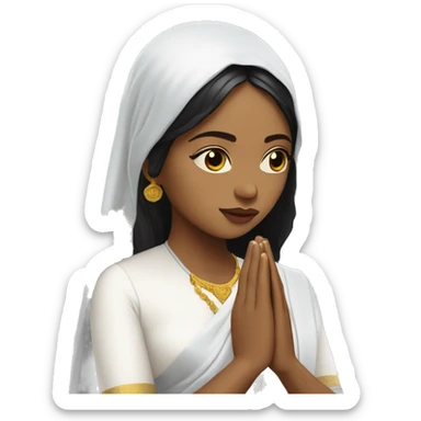 Light skin ;Black long hair wearing white saree praying infront a white temple sticker
