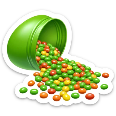 Skittles candy package spilling all green round candies, same package design but only green Skittles sticker
