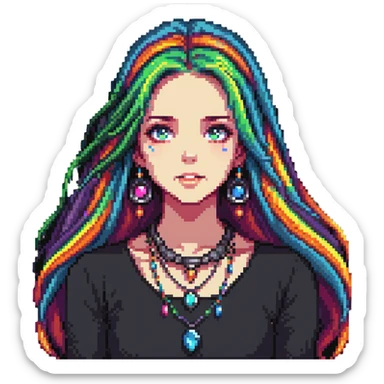 Beautiful girl with metal jewelry, colorful, long hair, dreamy expression sticker