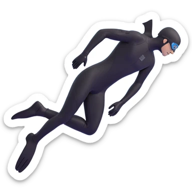 3D emoji style freediver in a black wetsuit, side view, diving downward with long black fins, black gloves, and black goggles covering the face. Arms at sides, five fingers on each hand visible, no face details, black or deep sea background sticker