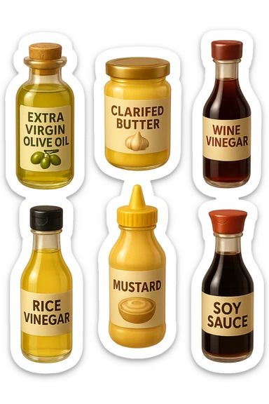 emoji stile iphone 3d di questi elementi che fluttuano in aria:

Olio extravergine d’oliva, burro chiarificato
Olio all’aglio (senza pezzetti)
Aceto di vino, aceto di riso, senape, tahin
Salsa di soia fermentata (senza aglio/cipolla)


 che fluttuano sparse casualmente in aria, iperealistico 4k sticker