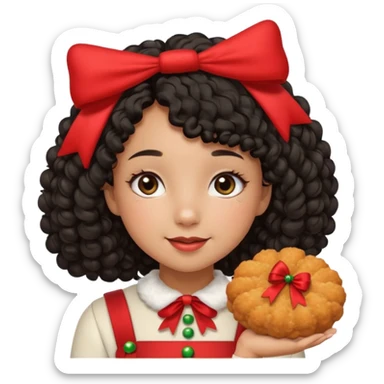 cute girl tan skin, curly black hair chin length, middle part, long eyelashes, cute cheeks, 5'2, outfit croquette style with bows and christmas theme, happy,  sticker