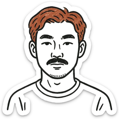 Asian man with black mustache and red hair, hand-drawn outlined style sticker