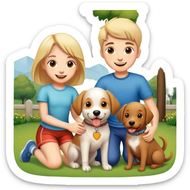 happy boy and girl with dog outdoors sticker
