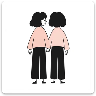Silhouette of two identical twins seen from behind, standing side by side in pastel colors (dd9fb0, ffc6d3, a3bfc9, c4bee2, f1b091), hand-drawn doodle style sticker