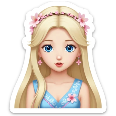 Turkish Girl with long blond hair and sakura accessories on her hair with a long tailed sakura dress on the ground and have blue eyes beautiful finish and she sending lovely kisses  sticker