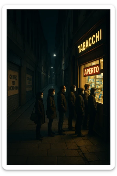 a deserted city street with all shops and businesses shuttered, their windows covered with “Chiuso per Lockdown” signs. In contrast, a brightly lit tobacco shop stands open, with a glowing “Aperto” sign and people lined up outside, all wearing masks. The mood is somber and critical, highlighting the paradox. in italiano sticker