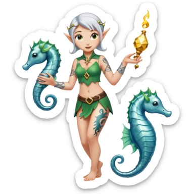 female elf in shimmering pareo, releasing glowing seahorse. Ankle tattoos sticker