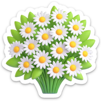 3D iOS emoji style, bouquet of daisies, vibrant white petals, yellow centers sticker
