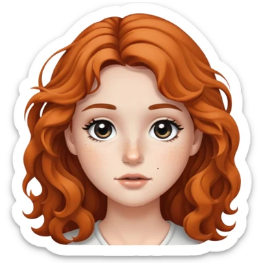 girl with wavy long hair, striking black eyes, subtle makeup, and scattered freckles sticker