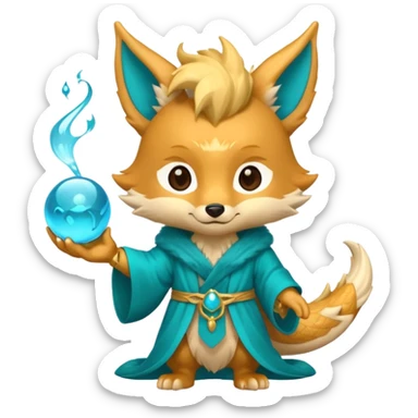 Chibi teal fox-dragon emoji with small antler horns, confident magical expression, gold mark on forehead, teal-gold robe, holding glowing blue water orbs, with dragon tail sticker