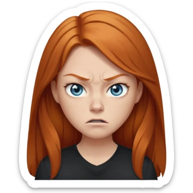 Ginger head woman with long hair and lightblue eyes, straight nose, almond eyes, black shirt. She is angry  sticker