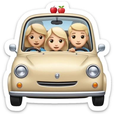 a small car with five happy people inside, all peeking out from the side of the car, in apple standard emoji style, unified cute style sticker