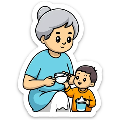 grandmother offering yogurt to grandson sticker