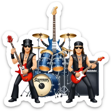 Icon for Rock Music: Scorpions live concert on stage with electric guitars, drums, and a powerful spotlight. Klaus Meine at the microphone, Rudolf Schenker and Matthias Jabs playing guitars, dynamic stage presence, and electric energy. Transparent background. sticker