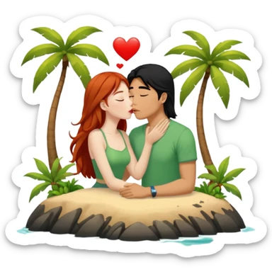 long black haired asian guy kisses redhead girl on island sticker