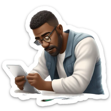 👨‍🎨📱✍️ A creative man is focused, drawing on an iPad with a stylus. He has a look of concentration on his face, using the iPad placed on a table. The background is bright, with art tools like brushes and pencils around him. 🎨 sticker